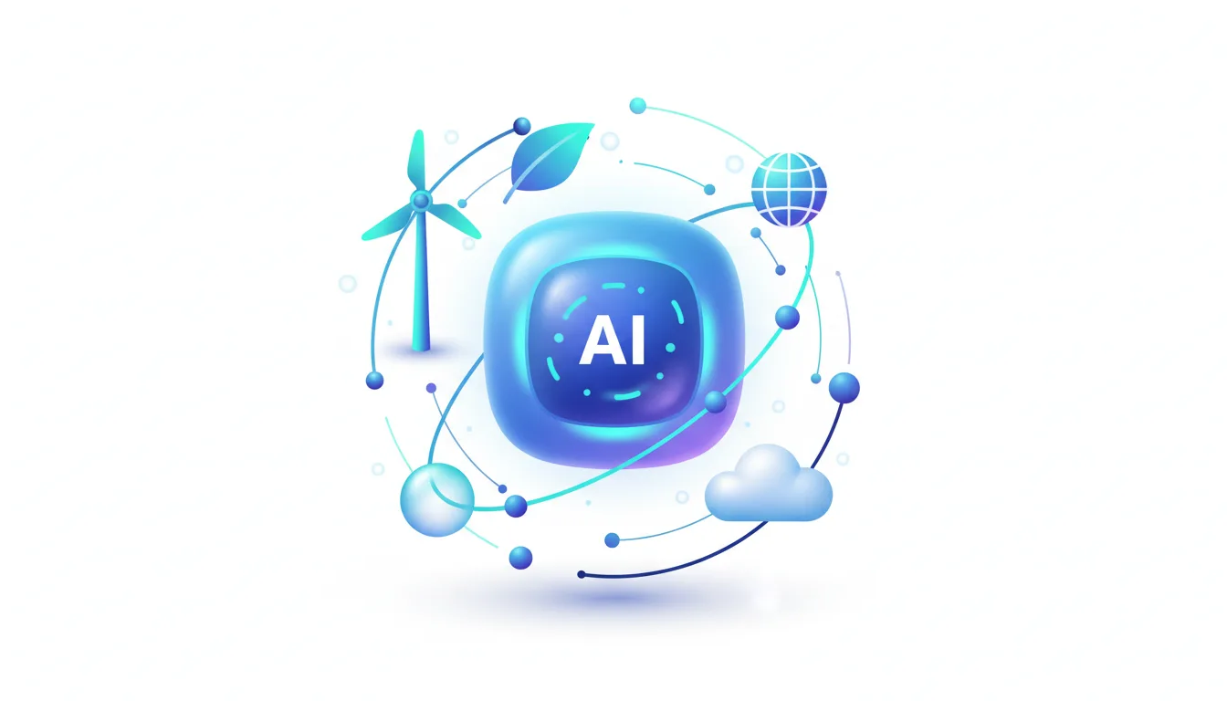 Abstract AI concept with wind turbine, leaf, cloud, and globe symbols representing climate action and sustainability.