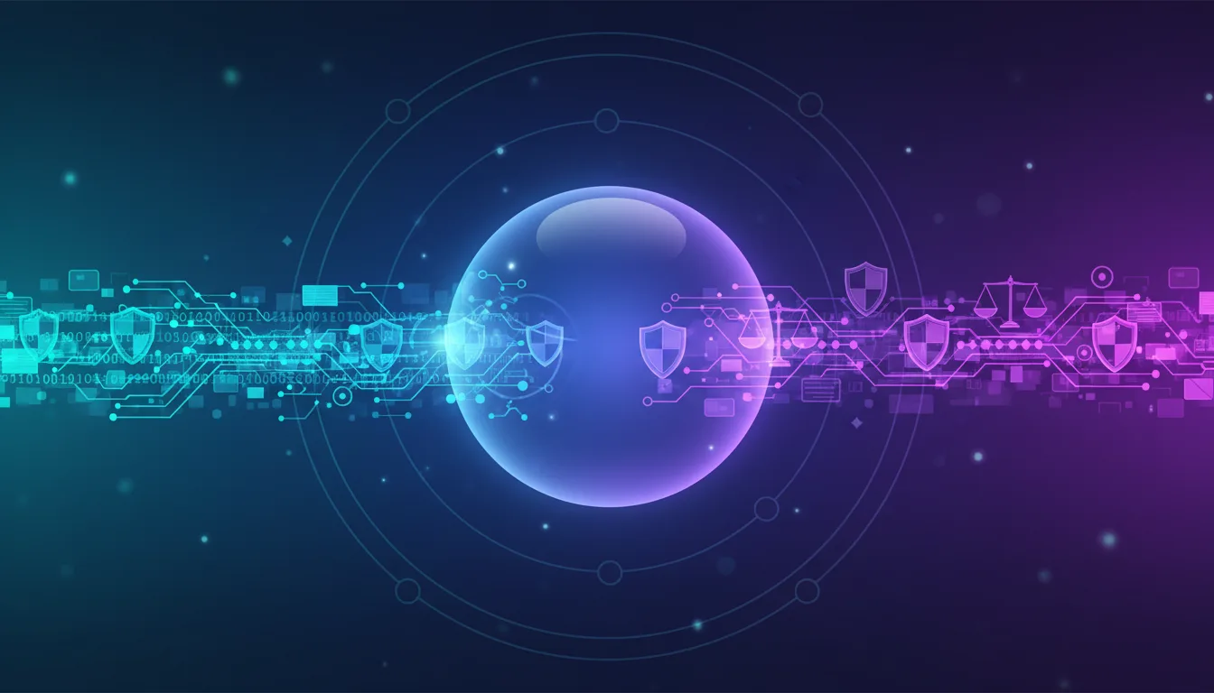 Abstract digital circuit board with glowing shields and scales of justice symbolizing AI code generation governance and security.