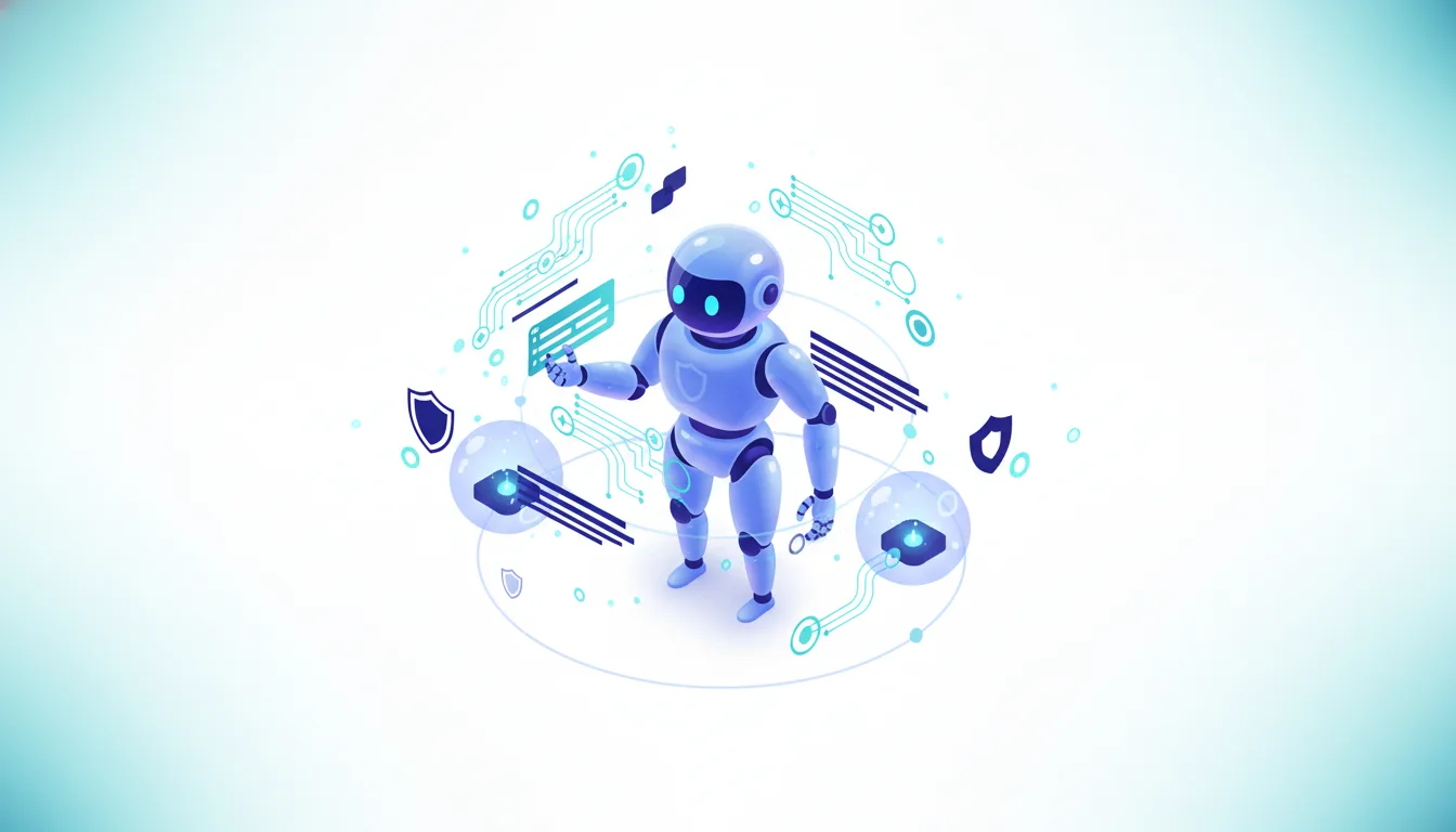 A blue robot interacts with digital interfaces surrounded by circuit board patterns and security shields, representing AI coding agents in production.