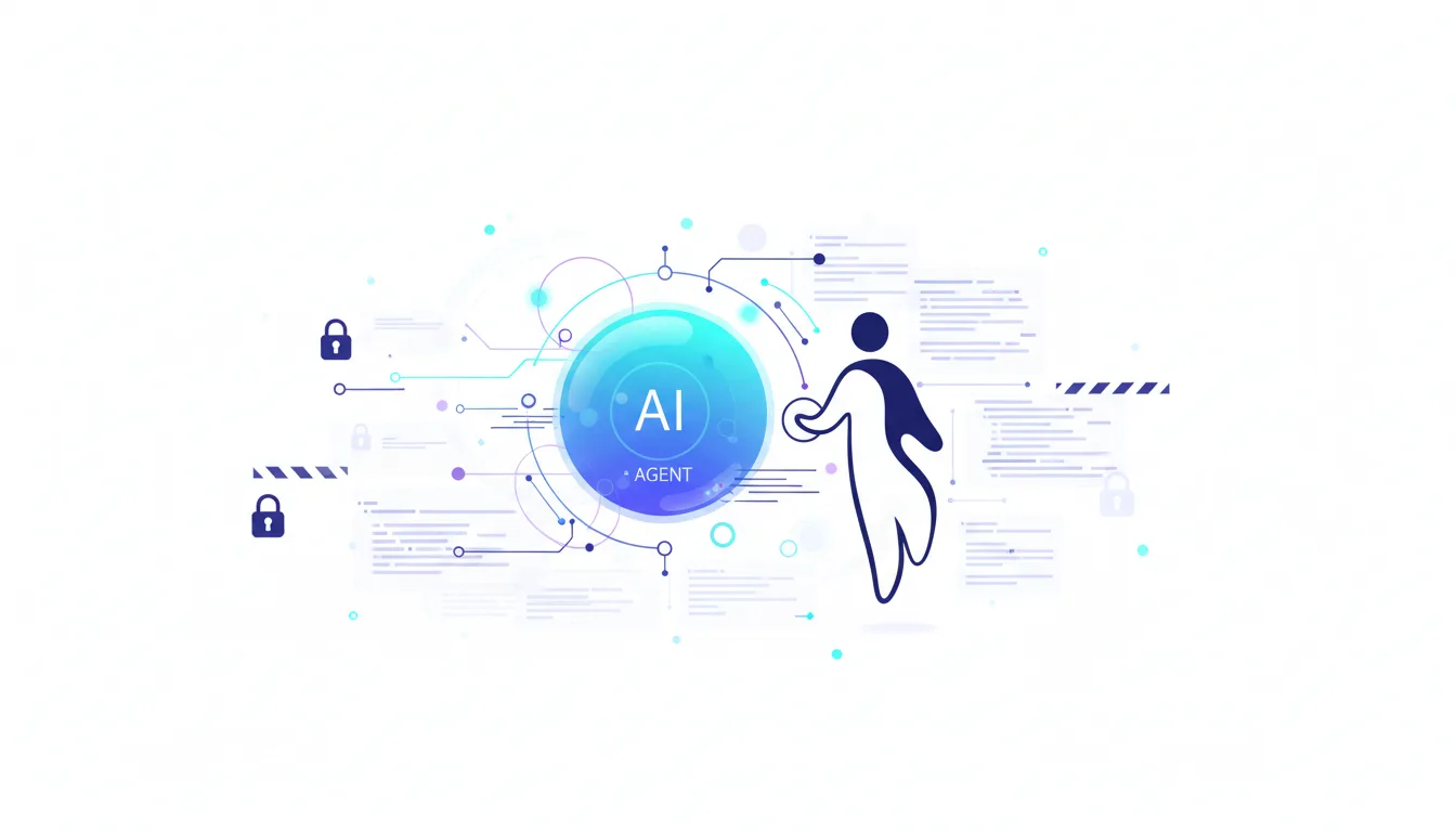 Stylized human figure interacting with a glowing AI agent sphere surrounded by code and security icons.
