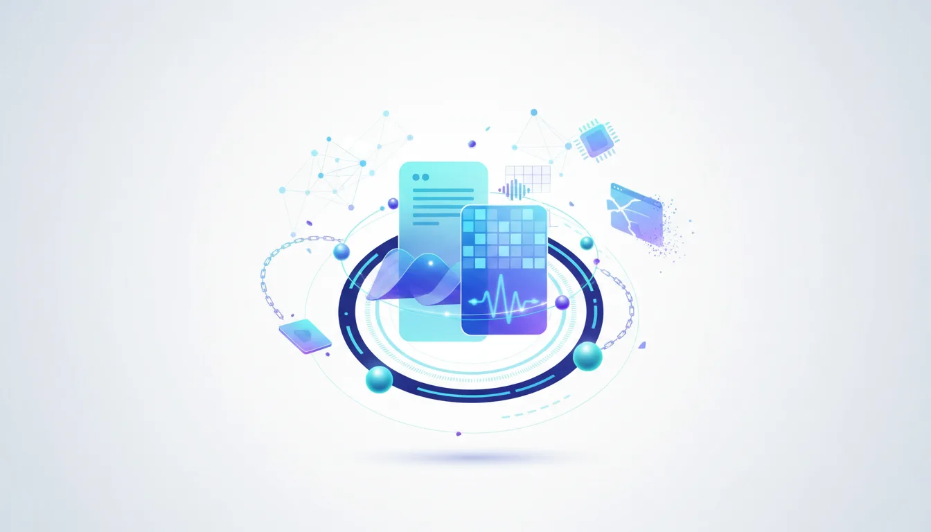 Abstract visualization of AI content provenance with digital elements like data streams, chips, and network nodes, representing C2PA and SynthID technologies.