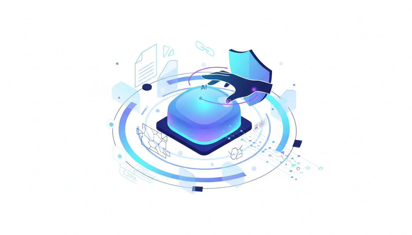 Abstract illustration of a hand reaching towards an AI core, protected by a shield, symbolizing AI copyright protection and human authorship in digital workflows.
