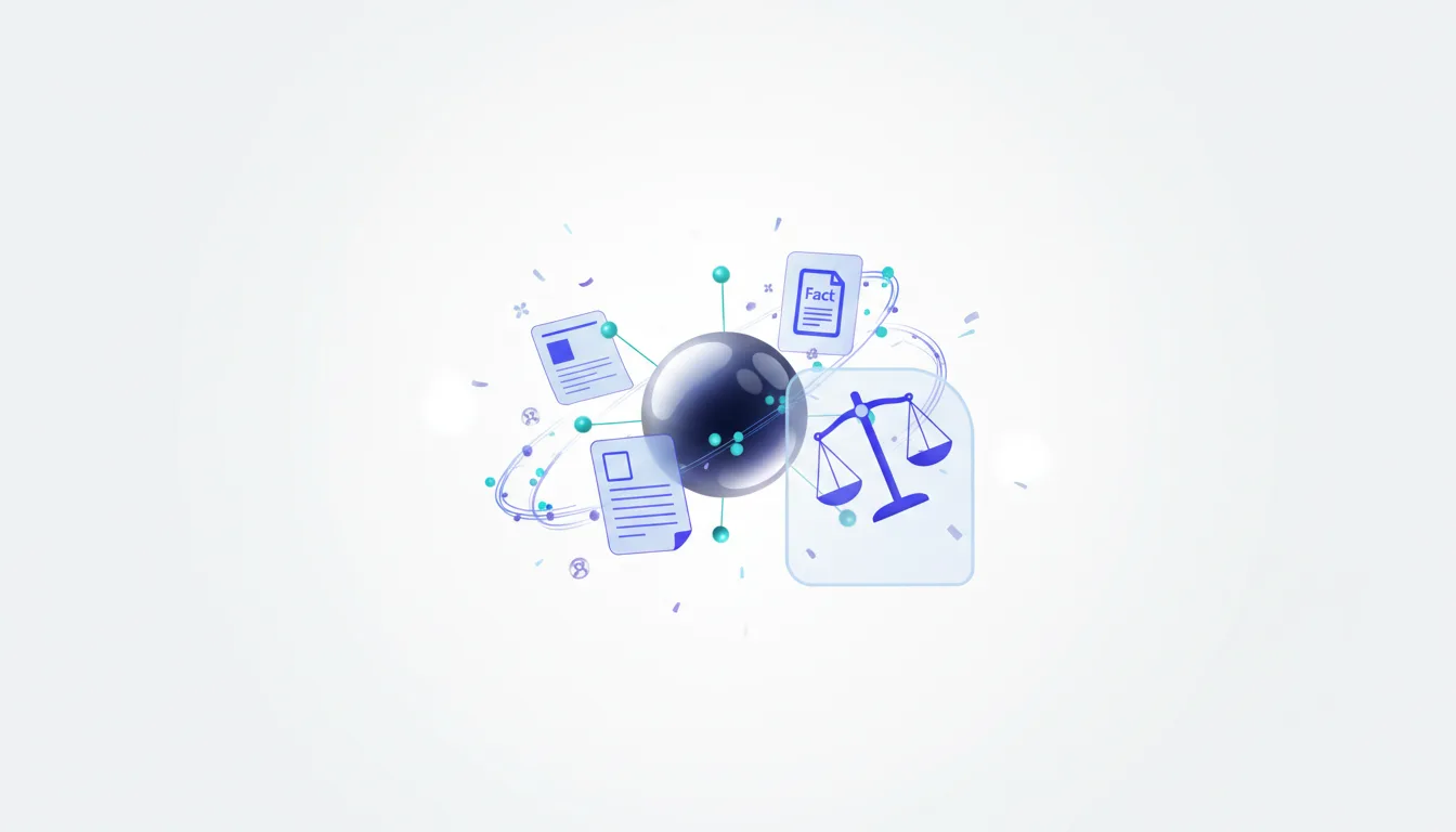 Abstract illustration of legal scales, documents, and a central sphere representing AI, symbolizing copyright and legal challenges in AI development.