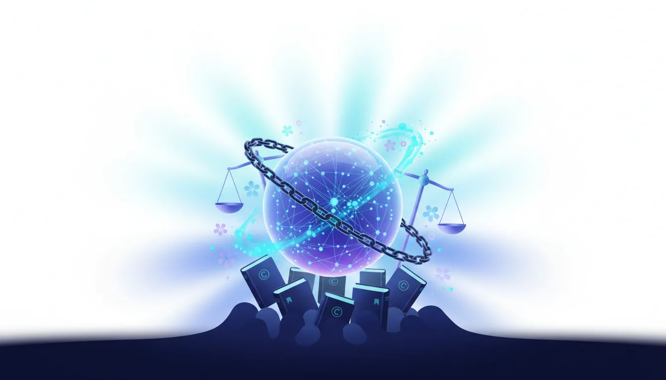 AI legal scales and chain surround a glowing digital sphere above books with copyright symbols, representing AI copyright lawsuits.