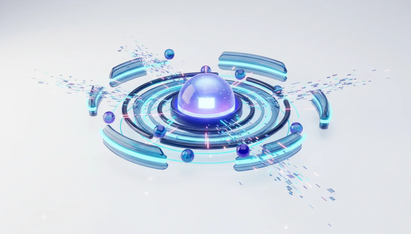 Abstract futuristic AI core with glowing blue rings, spheres, and digital particles representing data and cyber threats.