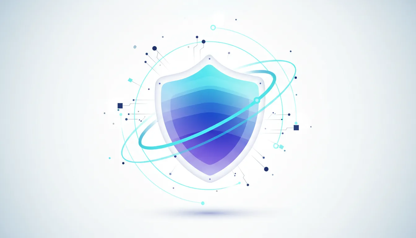 Abstract digital shield with orbiting rings and network nodes symbolizes AI cybersecurity and machine-speed defenses.