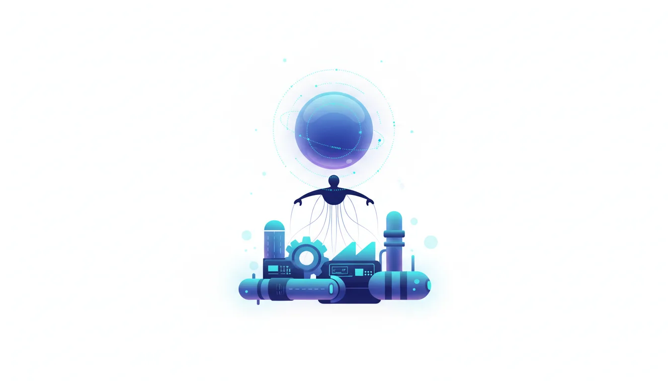 Abstract illustration of a puppet master controlling industrial infrastructure with AI, symbolizing AI-driven cyberattacks on OT sectors.