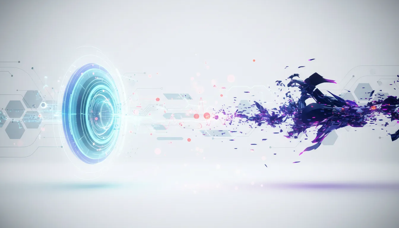 Abstract digital portal emitting light and energy, facing a dark, fragmented AI entity representing cyber threats.