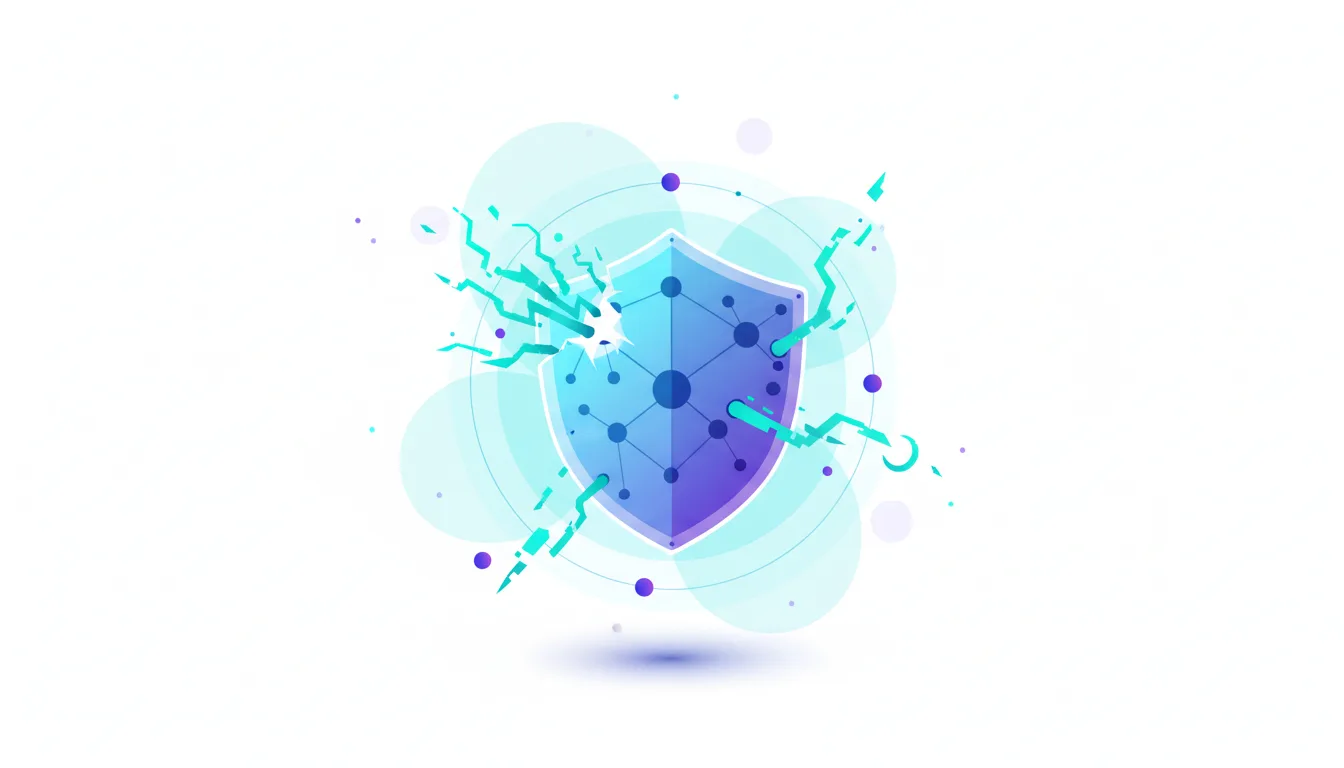 Abstract shield graphic with a network pattern, cracking under digital energy bursts, symbolizing AI cybersecurity risks and defenses.