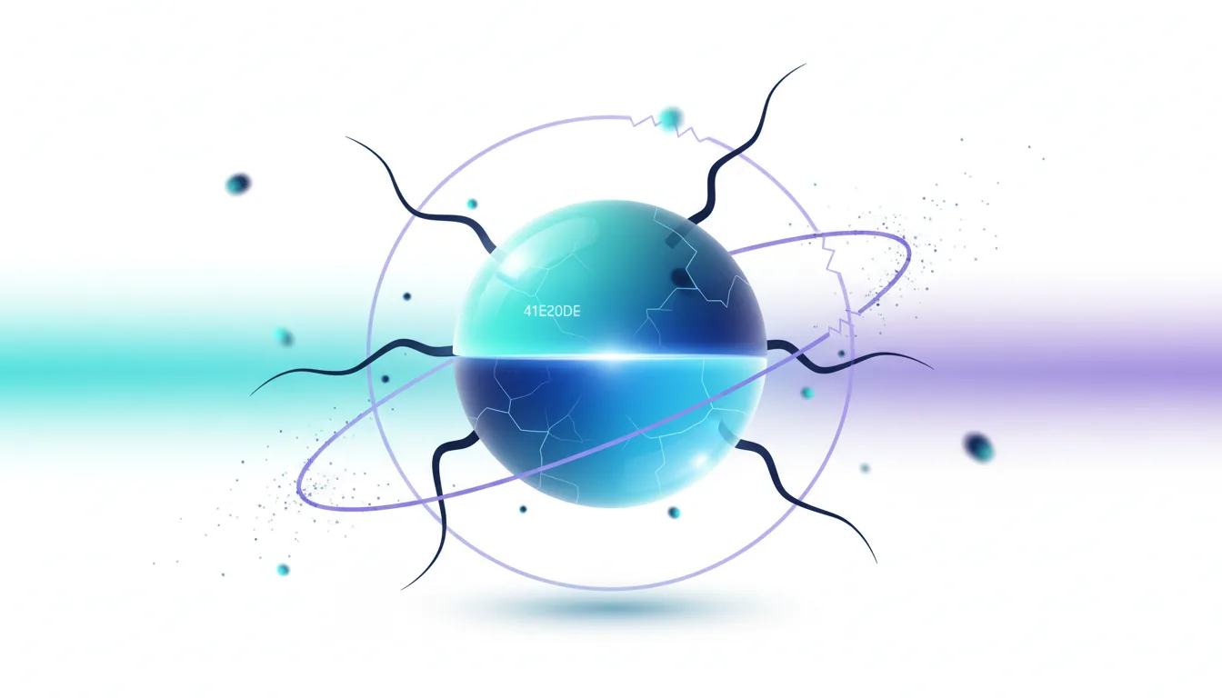 Abstract representation of a cracked sphere with orbiting rings and tendrils, symbolizing AI security vulnerabilities and dark code.