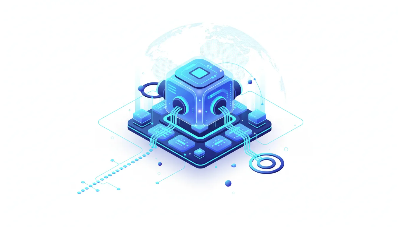 Abstract illustration of a glowing blue cube-shaped AI processor connected by cables to a futuristic data center infrastructure, with a faint globe in the background.