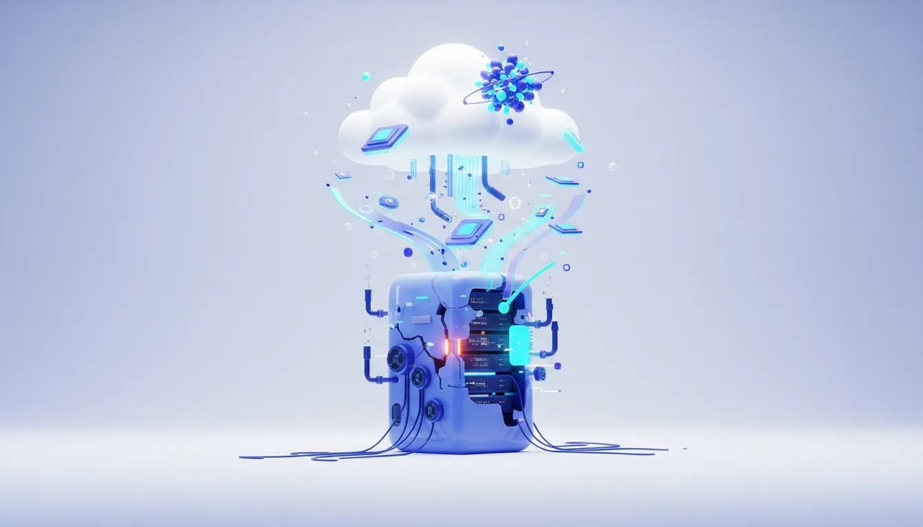 Abstract 3D rendering of a cracked server rack with glowing components, connected by cables to a cloud icon with AI elements, symbolizing data migration.