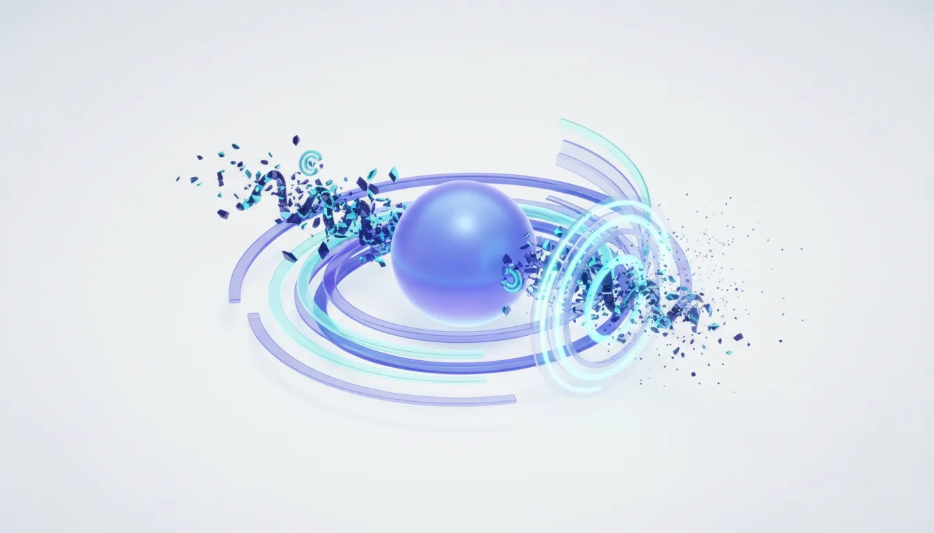 Abstract visualization of a purple sphere surrounded by swirling blue rings and fragmented particles, representing corrupted AI data.