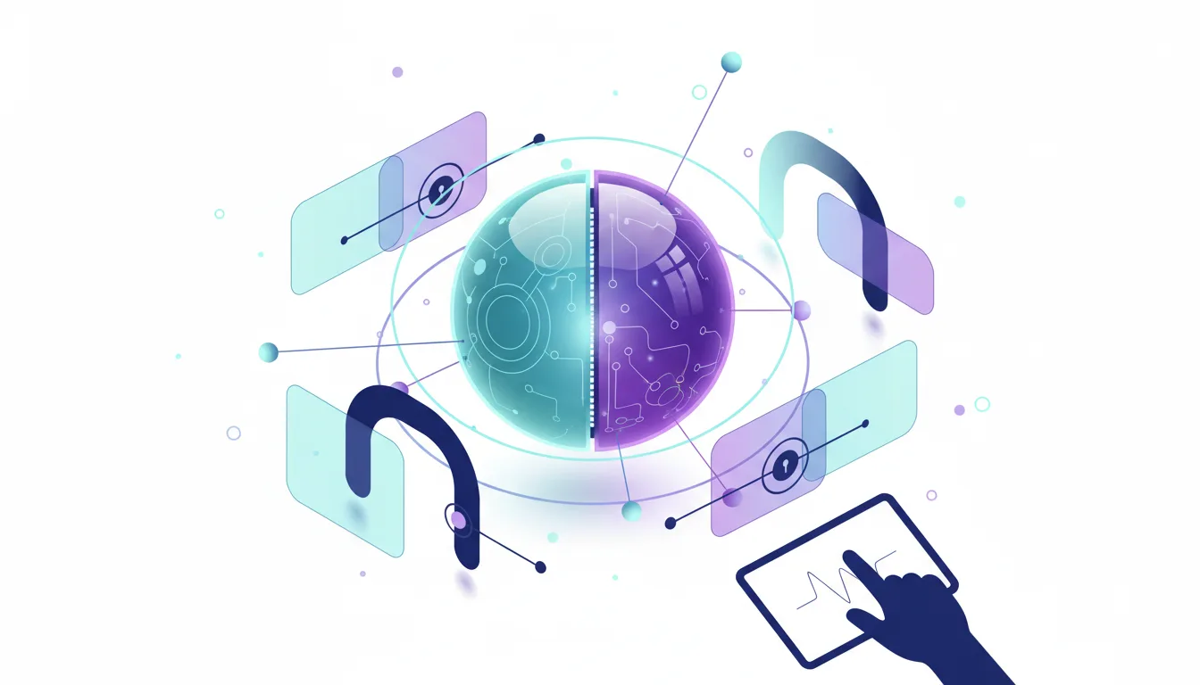 Abstract visualization of a split sphere representing AI, connected by lines to digital interfaces and a hand interacting with a tablet.