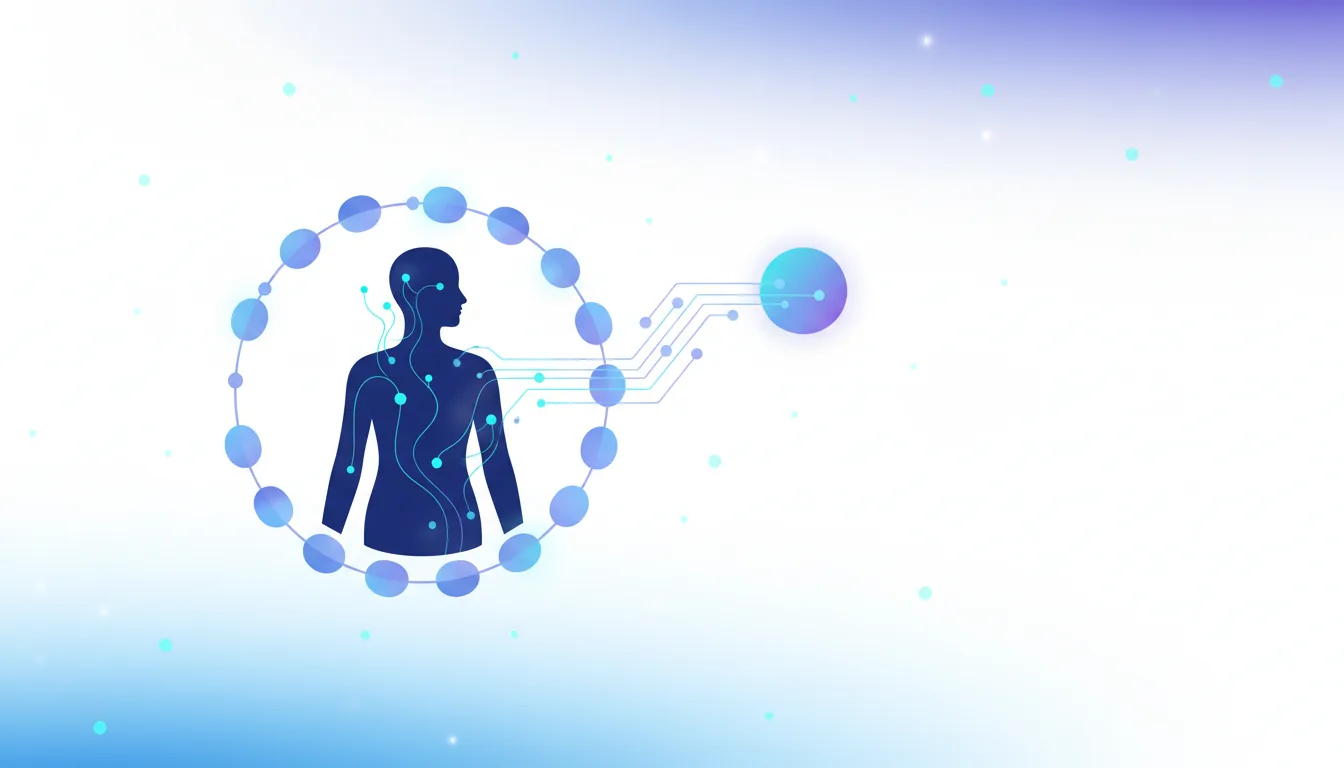 Silhouette of a human figure connected by digital circuits to a network of glowing nodes, symbolizing AI's impact on mental well-being.