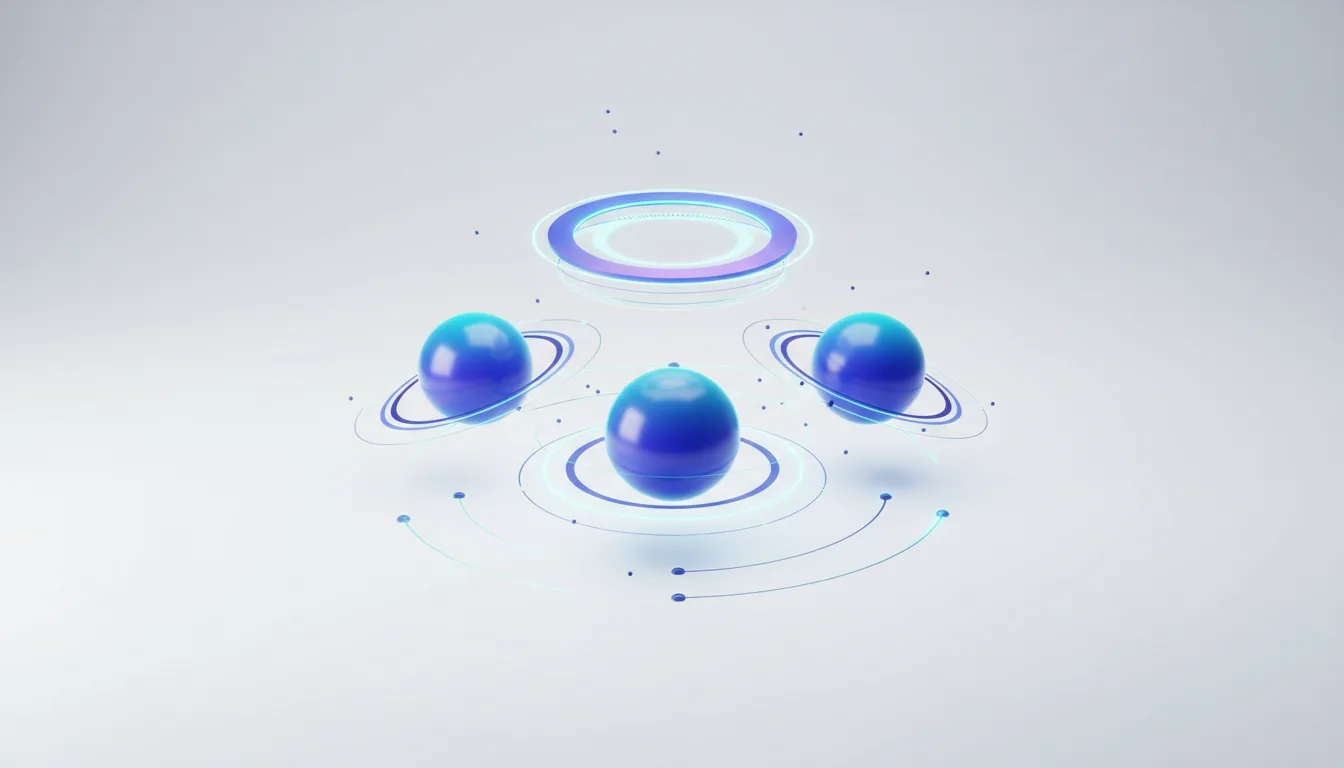 Three blue spheres orbit glowing rings, representing coordinated AI development and managed gating.