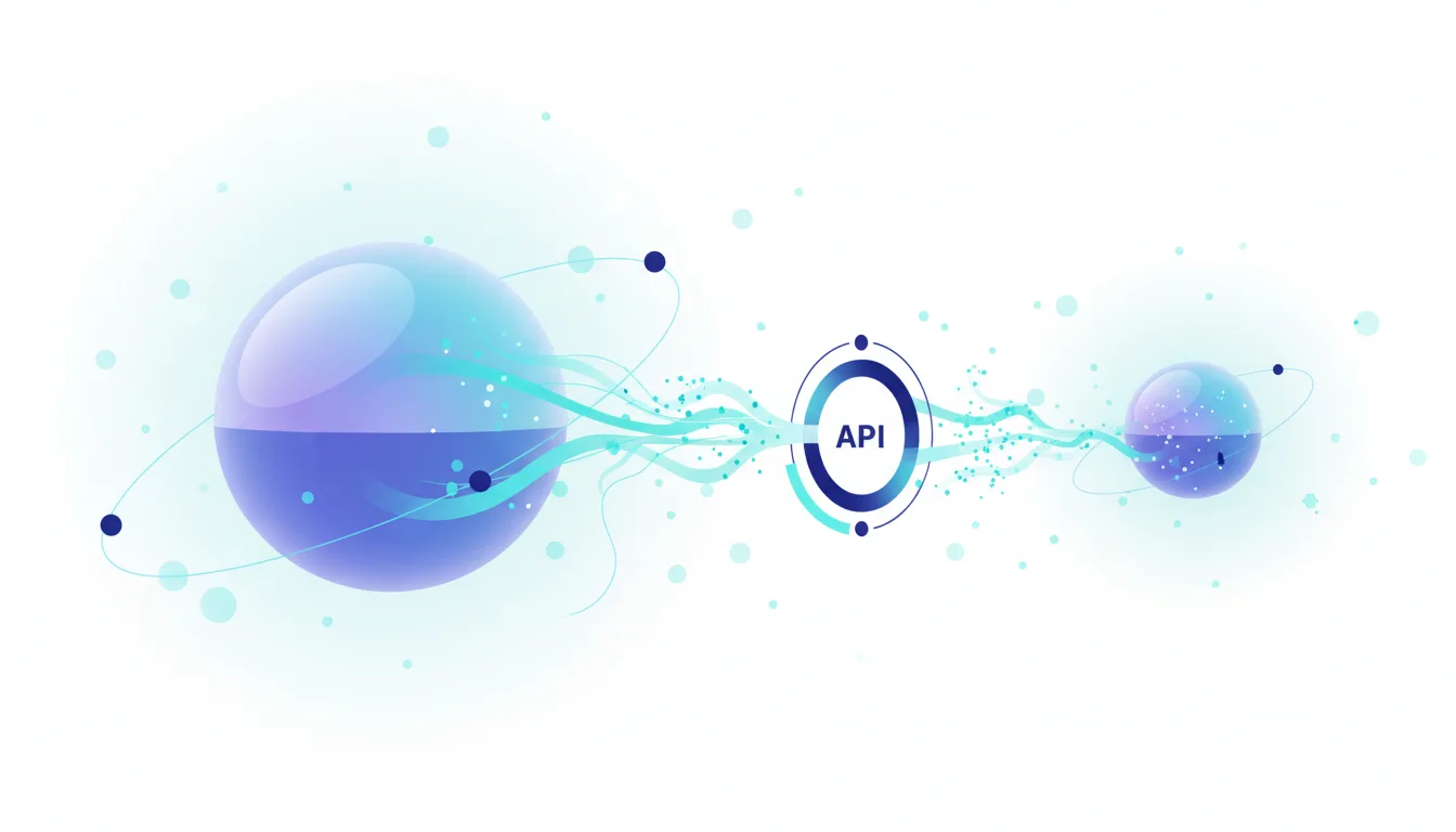 Abstract representation of an API connection transferring data between two spheres, illustrating AI model interaction and potential vulnerabilities.