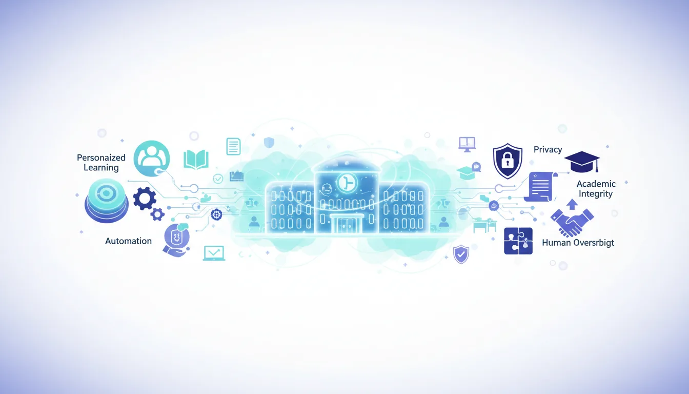 Digital illustration of a school building connected by circuits to icons representing personalized learning, automation, privacy, academic integrity, and human oversight.