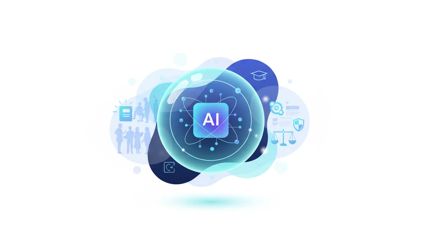 Abstract visualization of AI in education, featuring a central AI icon surrounded by icons representing learning, people, balance scales, and a shield.