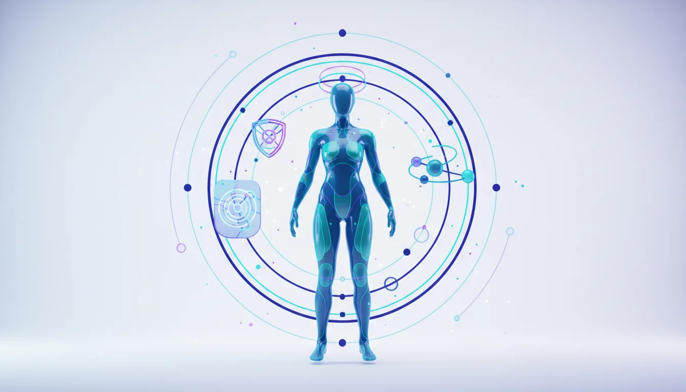 Futuristic AI employee avatar with halo and shield symbolizing enterprise AI governance and security.