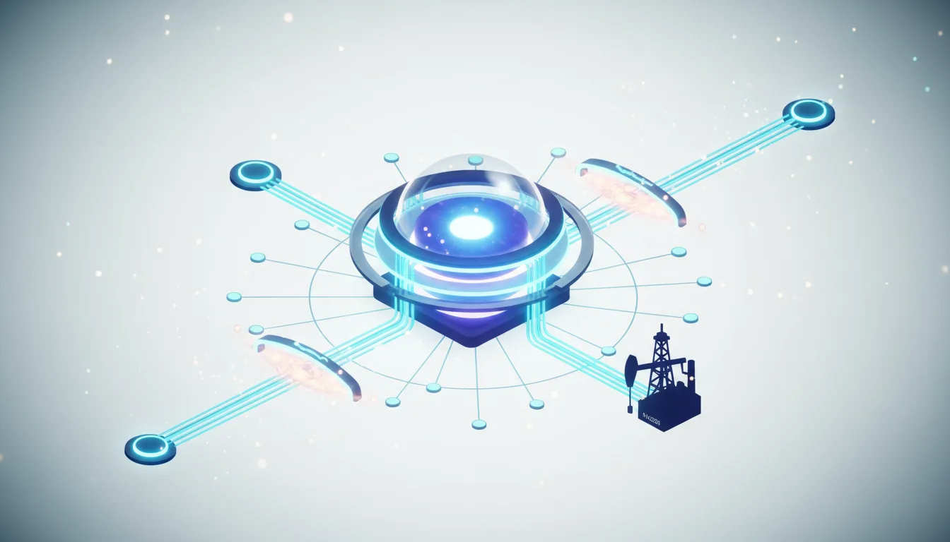 Abstract AI core connected to energy sources including an oil rig, symbolizing AI's energy demands.