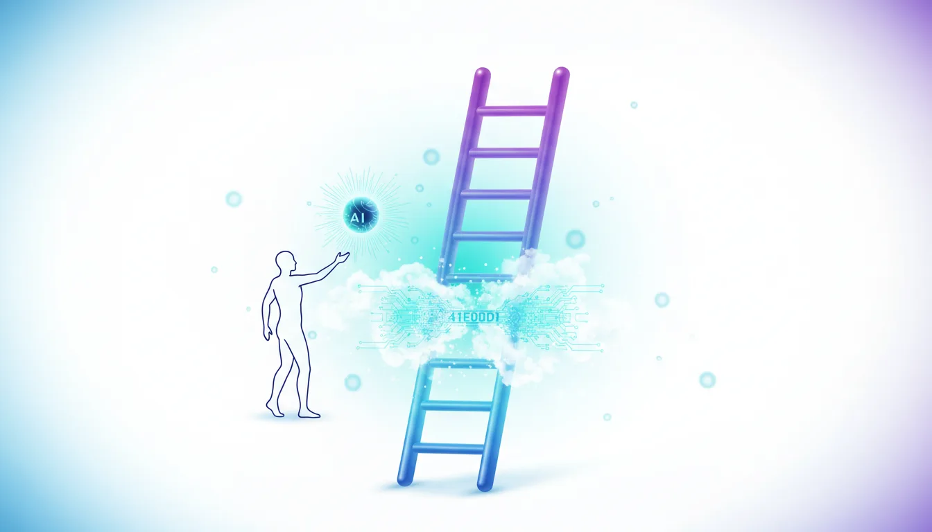 Human figure reaching for AI sphere next to a broken ladder symbolizing disrupted career paths and future opportunities.