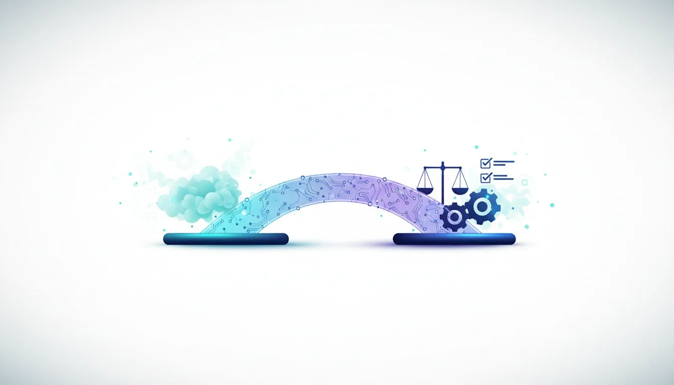 Abstract bridge connecting abstract concepts to engineering tools like scales of justice and gears for AI ethics.
