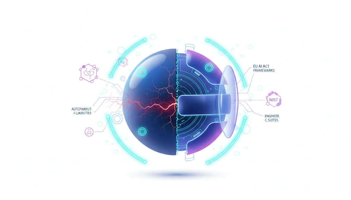 Abstract visualization of AI governance and reliability, showing a cracked sphere with internal circuitry and external regulatory frameworks like EU AI Act and NIST.