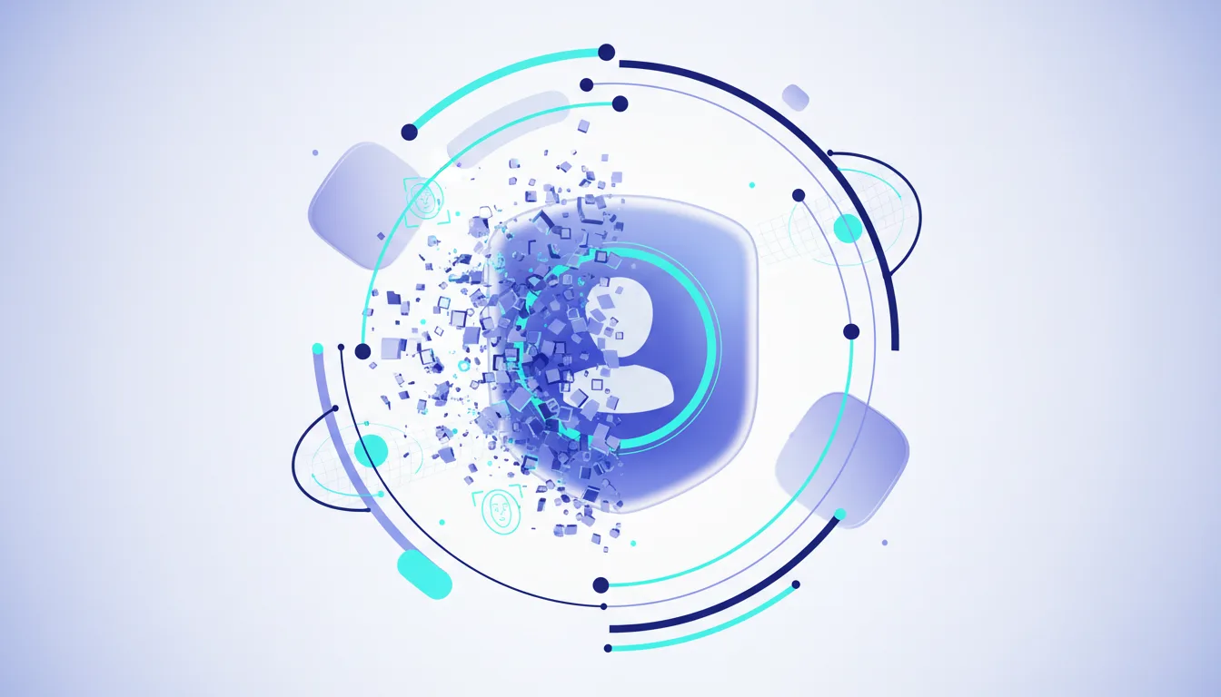 Abstract graphic showing a digital shield with a user icon breaking apart into digital cubes, representing AI threats to identity verification.