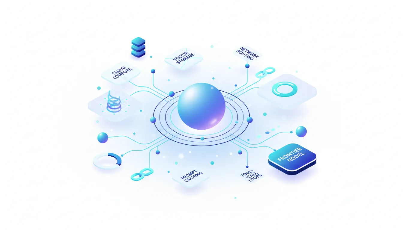 Abstract visualization of AI workflow components like cloud compute, vector storage, network routing, and prompt caching connected to a central node.