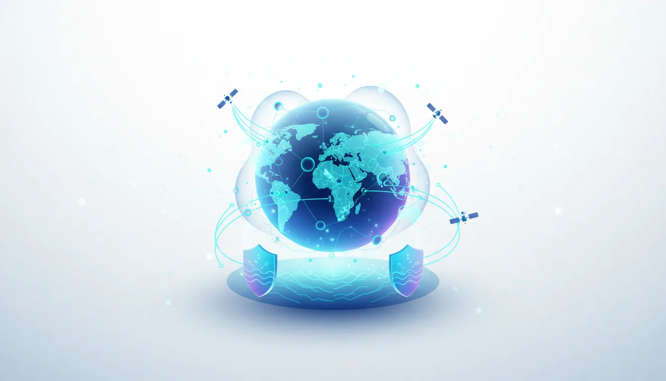 Global earth with satellites and shields, representing AI-powered flood forecasting and data security for climate intelligence.