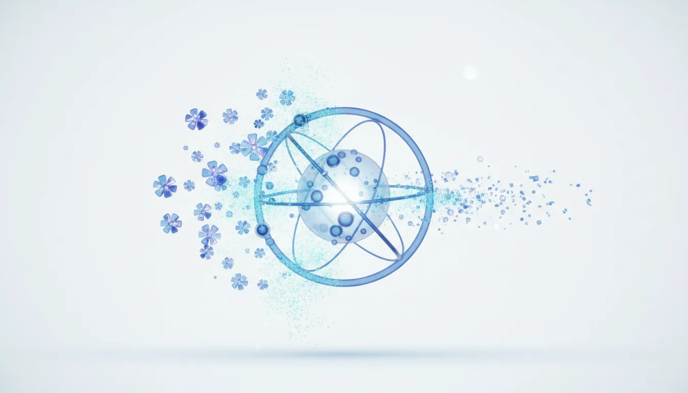 Abstract representation of an atom with orbiting electrons and particles, symbolizing AI infrastructure and data in funding discussions.