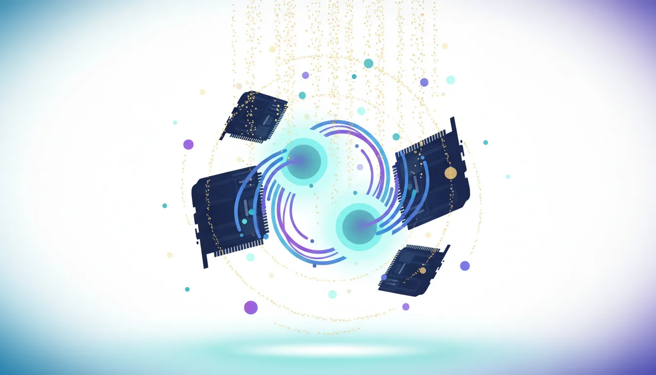 Abstract illustration of interconnected AI chips and glowing nodes symbolizing massive compute power and data flow for AI development.