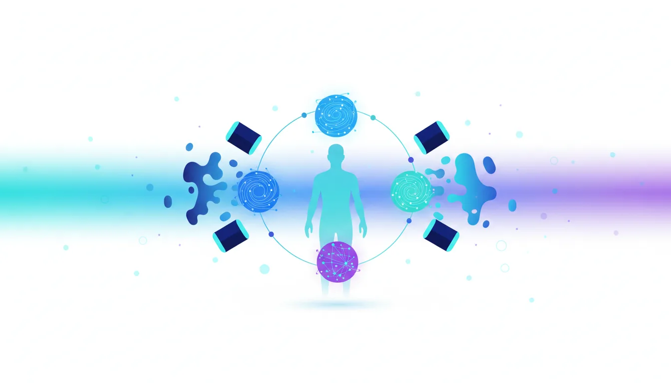 Abstract illustration of a human silhouette surrounded by interconnected nodes and abstract shapes, symbolizing AI integration and development.