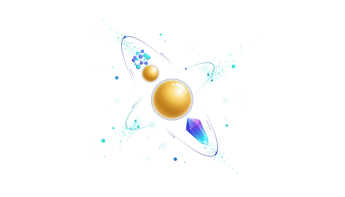 Abstract atomic structure with golden spheres, molecular clusters, and a crystal, symbolizing AI discovery and innovation.