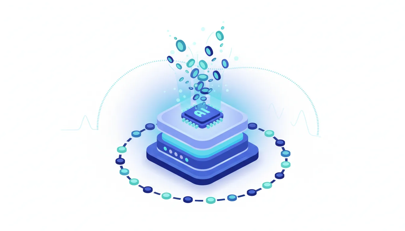 Abstract illustration of an AI chip on a server stack with digital tokens flowing upwards, symbolizing AI processing and resource allocation.