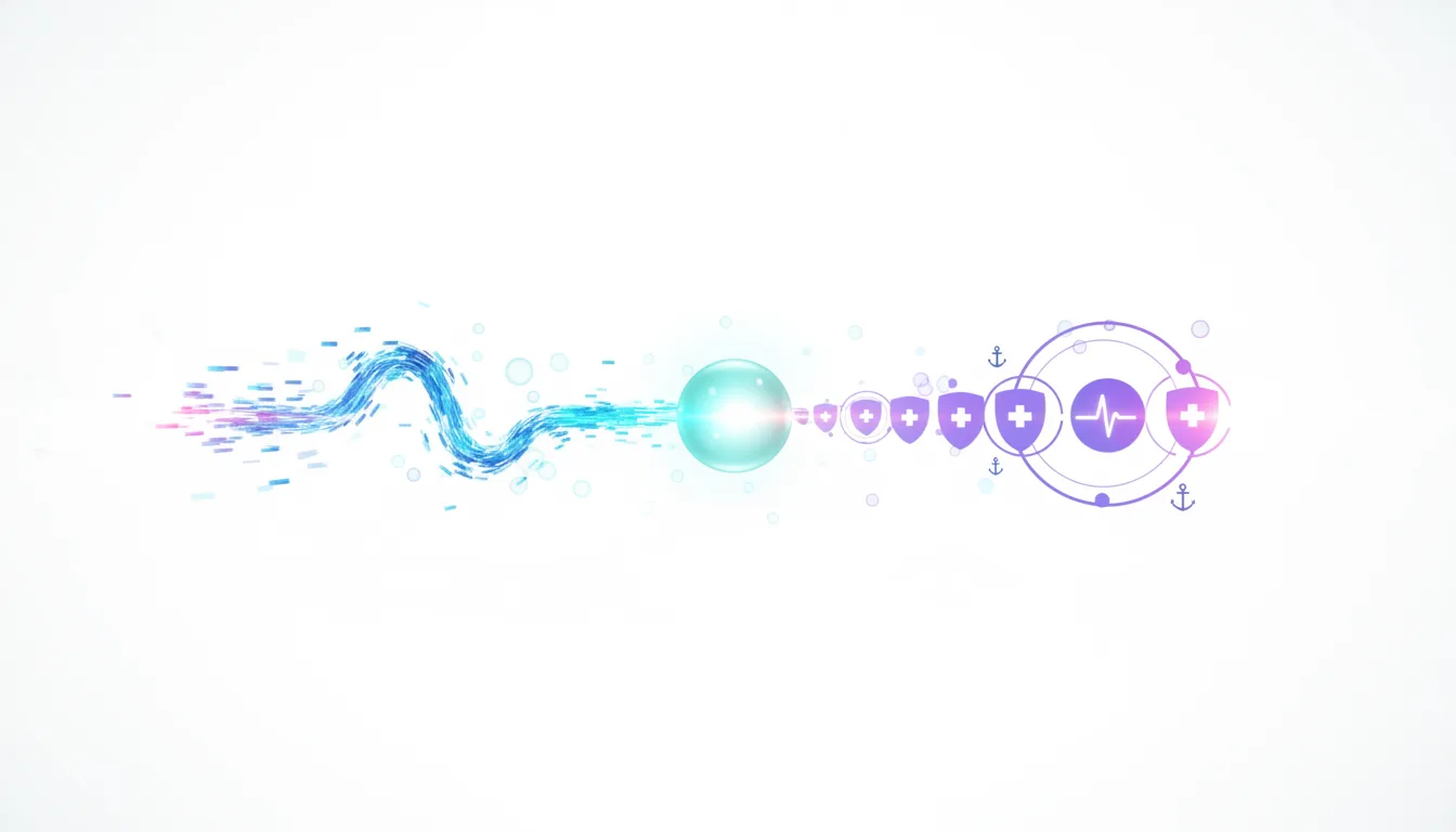 Abstract representation of AI data flow impacting healthcare shields with medical icons, symbolizing generalist LLMs versus specialist platforms.