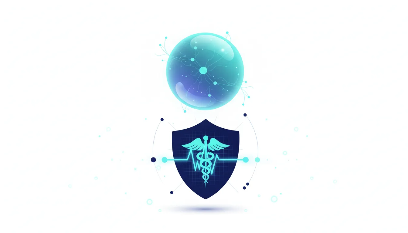 Abstract graphic depicting a shield with a caduceus and heartbeat, symbolizing healthcare security, protected by a digital sphere representing AI.