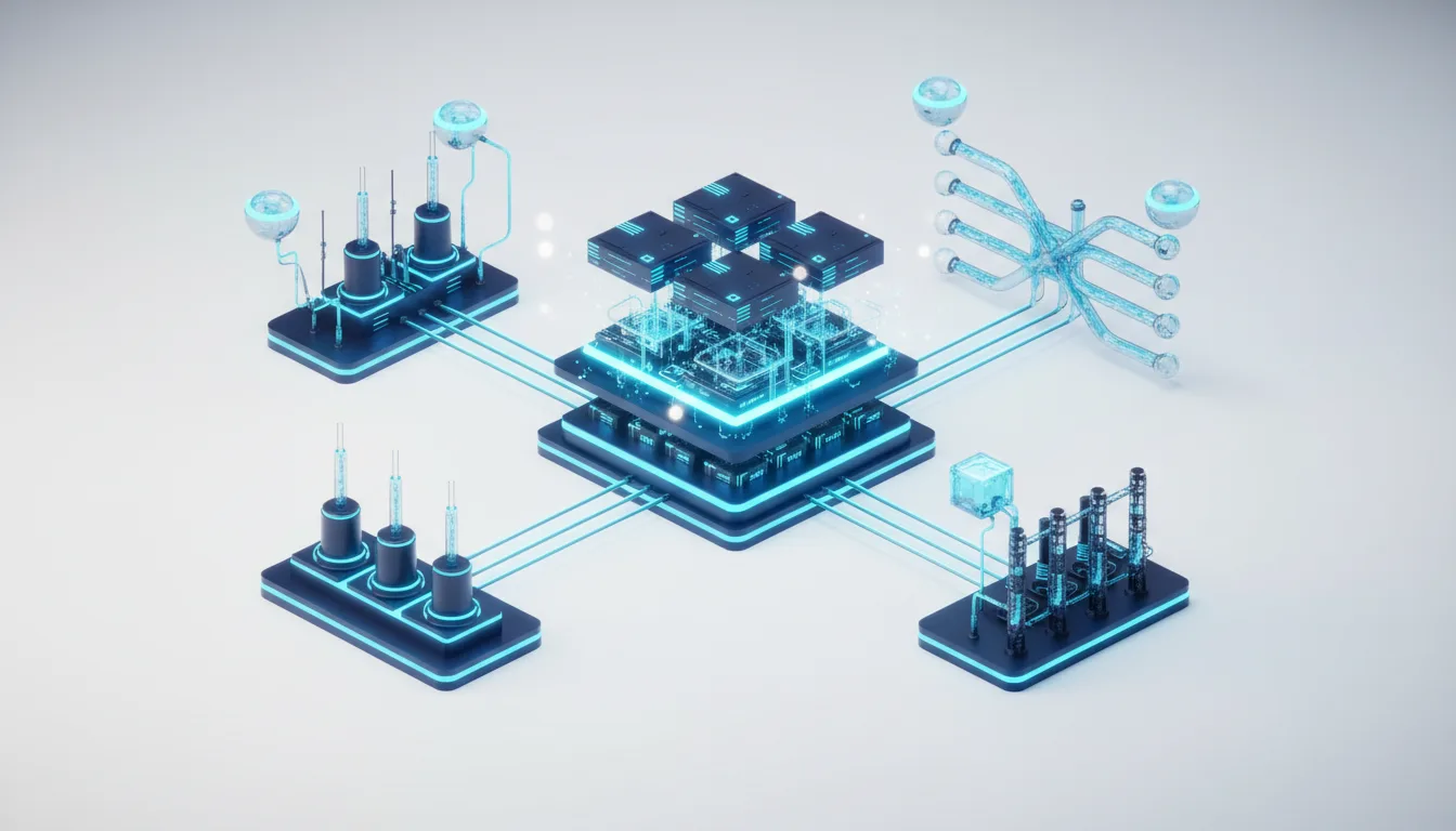 Abstract visualization of AI infrastructure with glowing blue circuits connecting server stacks, power units, and cooling systems.