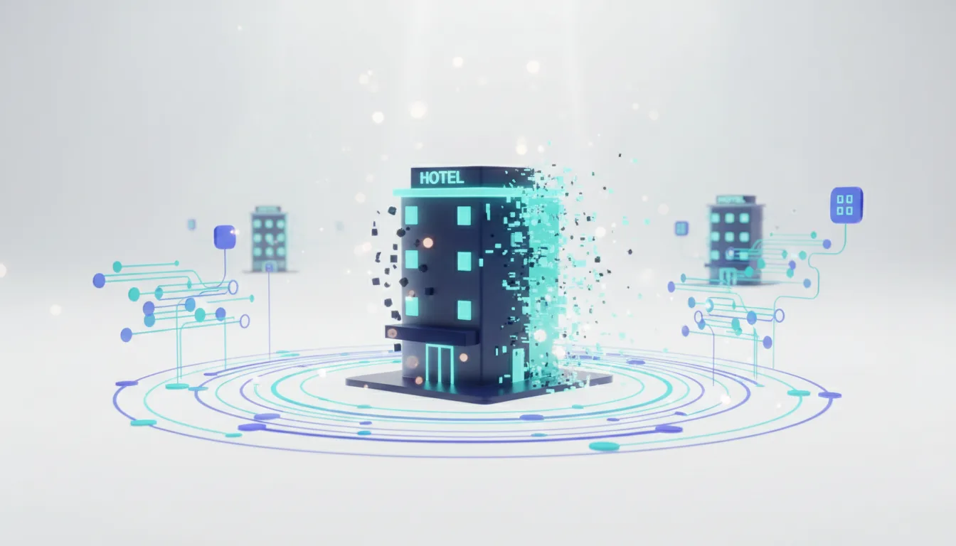 A 3D hotel building disintegrating into digital pixels, symbolizing AI disruption in the hotel industry and its impact on visibility.