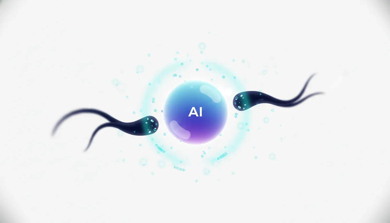 Abstract illustration of three sperm-like figures approaching a central glowing sphere labeled AI, symbolizing AI's influence on cybercrime.