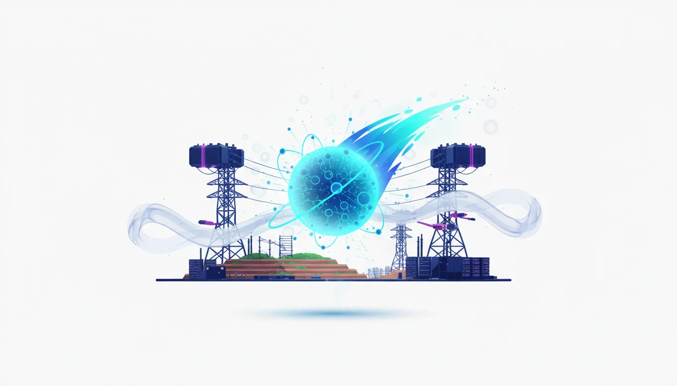 Abstract illustration of AI energy infrastructure with glowing atomic structures, power lines, and industrial buildings representing data centers and power supply.