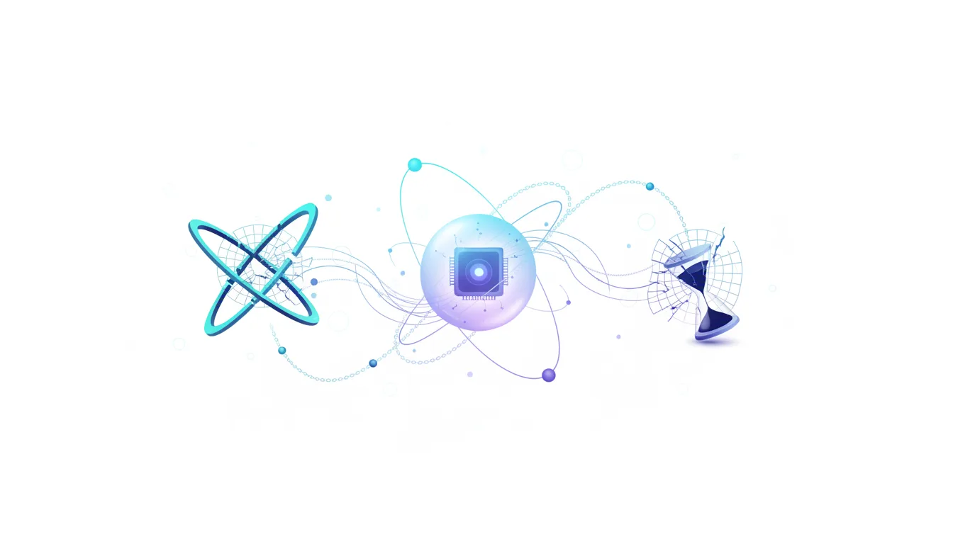 Abstract representation of AI infrastructure risks with a CPU chip, atomic orbits, and a cracked hourglass symbolizing time and potential failure.