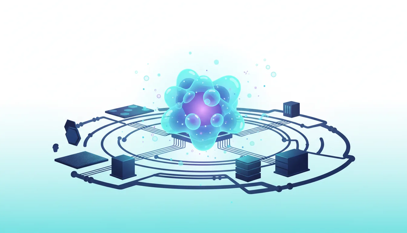 Abstract AI concept with a glowing core on a circuit board surrounded by server-like blocks and data modules.