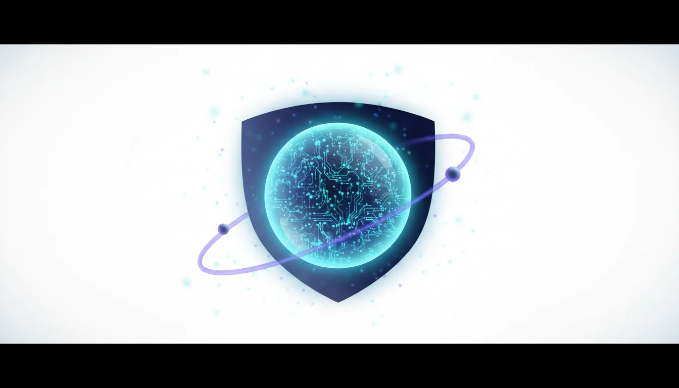 A glowing blue sphere with circuit board patterns inside a shield, representing AI security and valuation.