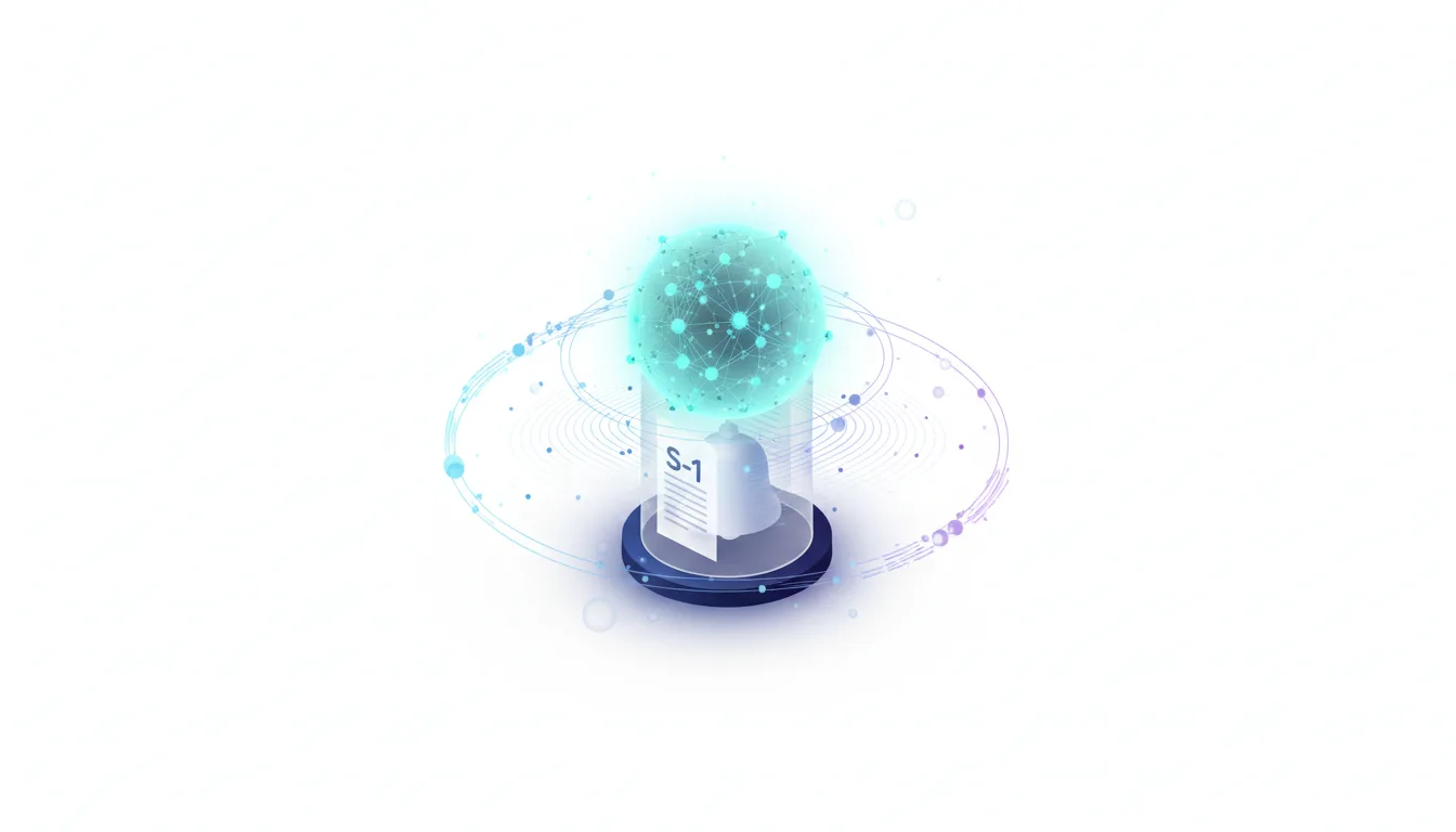 An S-1 filing document is presented within a futuristic display, topped by a glowing network of AI nodes, symbolizing upcoming AI IPOs.