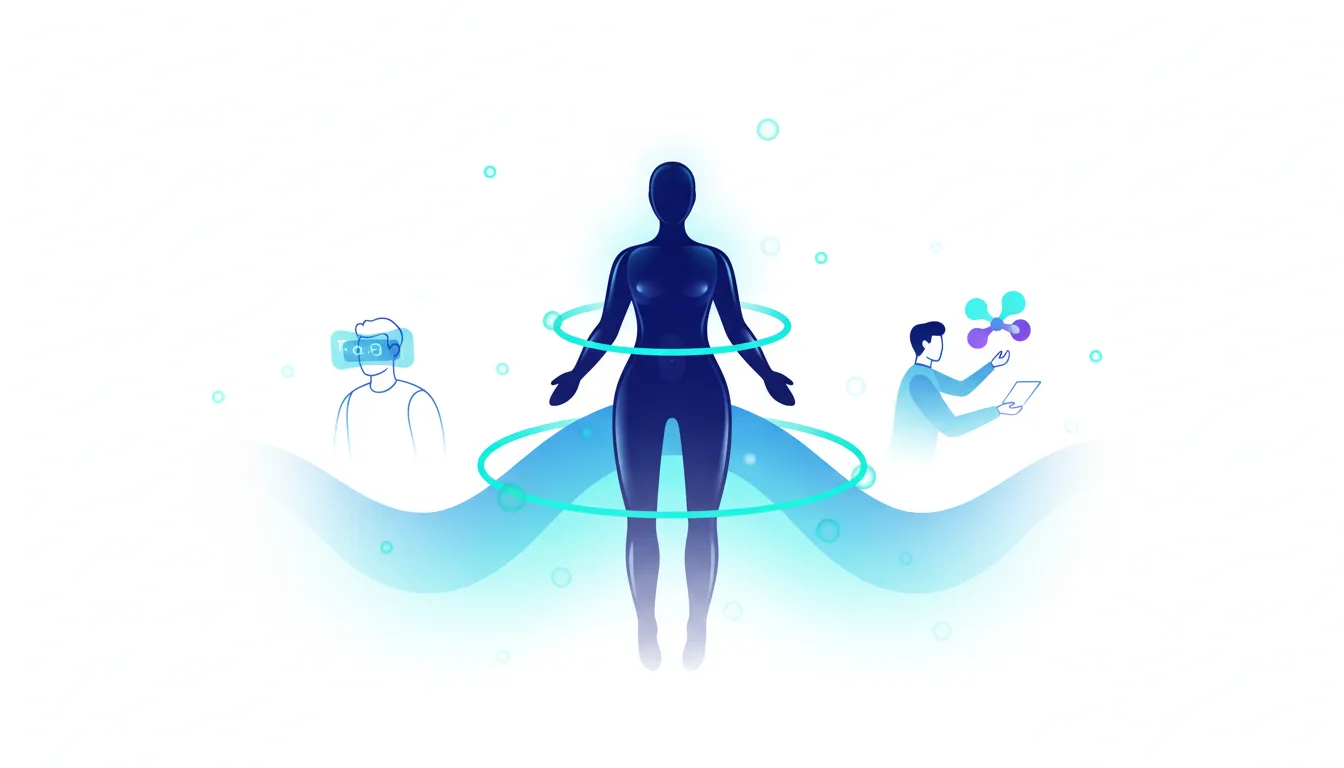 Abstract human silhouette surrounded by rings, with figures using VR and a tablet, symbolizing AI job enhancement and integration.