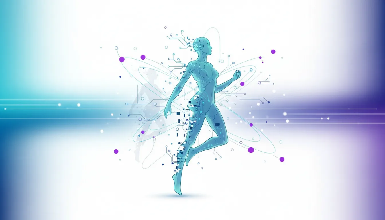 Abstract human figure composed of circuits and digital elements running forward, symbolizing AI and future of work.