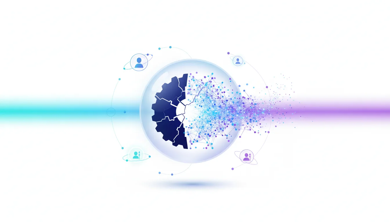 Abstract graphic showing a gear transforming into a network of digital particles, symbolizing AI's impact on jobs and human augmentation.