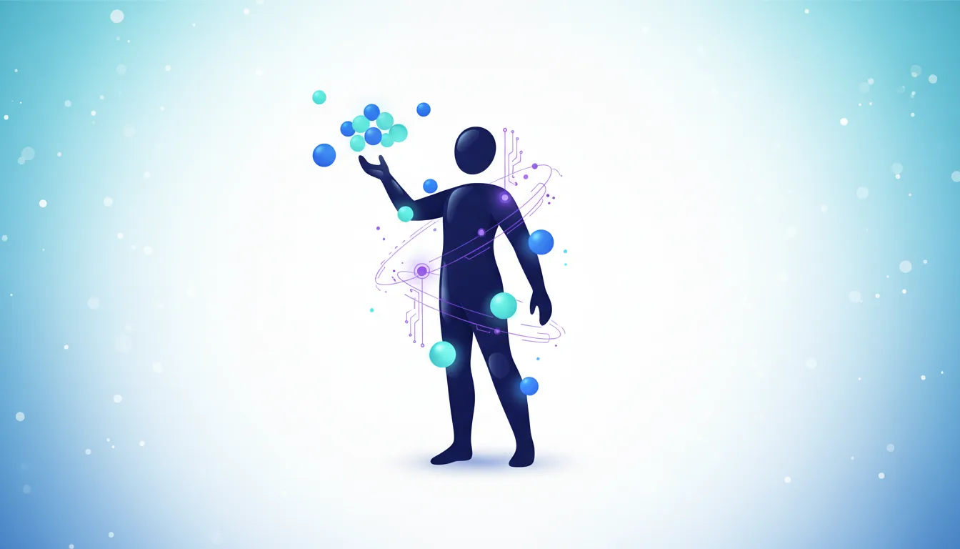 Silhouette of a person interacting with floating spheres and digital circuit patterns, symbolizing generative AI's influence on human tasks and skills.